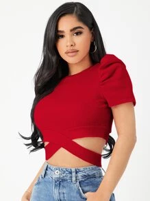 Firerie Puff Sleeve Crisscross Hem Crop Tee - Red - View 7