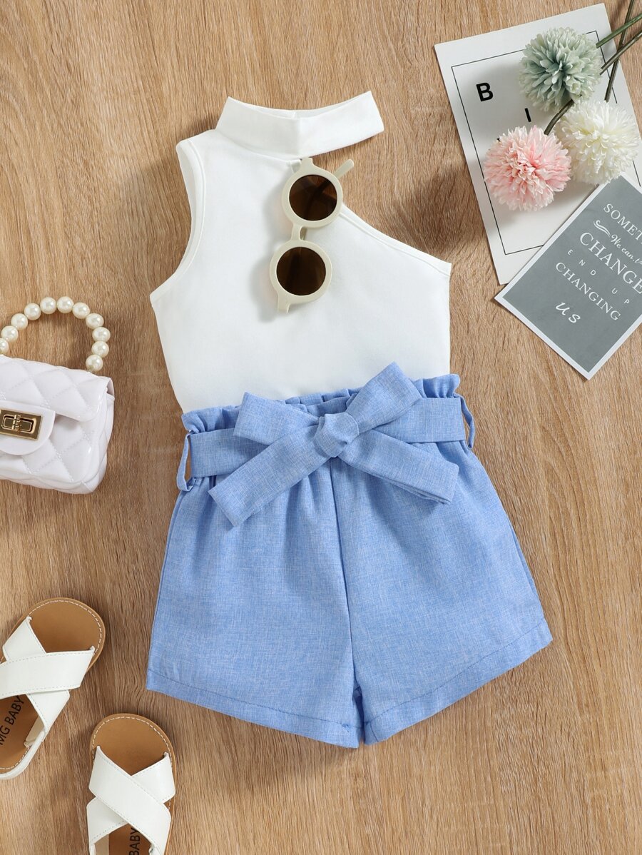SHEIN 年輕女孩不對稱領口背心配上紙袋腰帶短褲 - 藍白色 - 查看 1