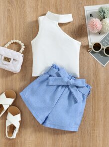 SHEIN 年輕女孩不對稱領口背心配上紙袋腰帶短褲 - 藍白色 - 查看 3