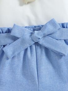 SHEIN 年輕女孩不對稱領口背心配上紙袋腰帶短褲 - 藍白色 - 查看 4