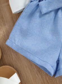 SHEIN 年輕女孩不對稱領口背心配上紙袋腰帶短褲 - 藍白色 - 查看 5