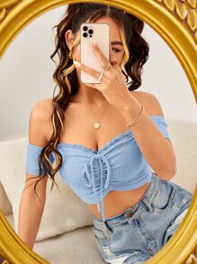 Soleia Off Shoulder Frill Trim Tie Front Crop Top - Baby Blue - View 1