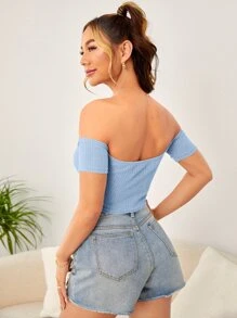 Soleia Off Shoulder Frill Trim Tie Front Crop Top - Baby Blue - View 2