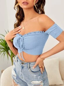 Soleia Off Shoulder Frill Trim Tie Front Crop Top - Baby Blue - View 3