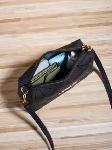 Túi đeo vai họa tiết hình học Kim loại trang trí chữ, túi đeo vai, túi đeo chéo, túi đeo chéo cổ điển, tối giản, túi mini da cổ điển, túi nhỏ dành cho nữ, quý cô, người yêu-du lịch, đi làm & văn phòng, cuối tuần và ngày lễ Fargo- Black, Túi đeo chéo nữ - màu đen - Xem 4