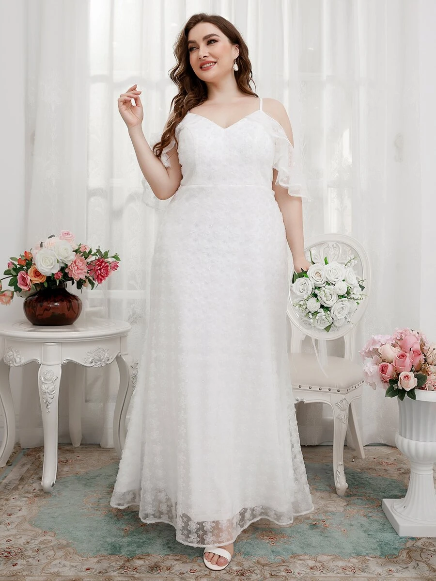 SHEIN Belle Plus Cold Shoulder Floral Embroidery Mesh Wedding Dress - White - View 1