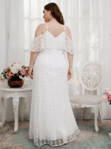 SHEIN Belle Plus Cold Shoulder Floral Embroidery Mesh Wedding Dress - White - View 2