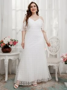 SHEIN Belle Plus Cold Shoulder Floral Embroidery Mesh Wedding Dress - White - View 3