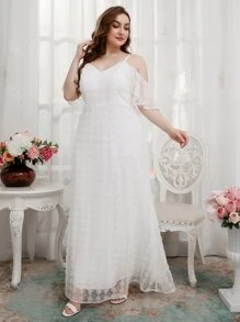 SHEIN Belle Plus Cold Shoulder Floral Embroidery Mesh Wedding Dress - White - View 4