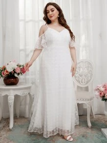 SHEIN Belle Plus Cold Shoulder Floral Embroidery Mesh Wedding Dress - White - View 5