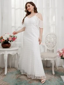 SHEIN Belle Plus Cold Shoulder Floral Embroidery Mesh Wedding Dress - White - View 6