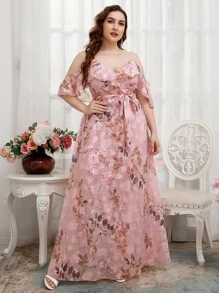 SHEIN Belle Plus Chiffon Floral Cold Shoulder Maxi Bridesmaid Dress - Baby Pink - View 1