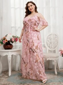 SHEIN Belle Plus Chiffon Floral Cold Shoulder Maxi Bridesmaid Dress - Baby Pink - View 3