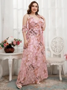 SHEIN Belle Plus Chiffon Floral Cold Shoulder Maxi Bridesmaid Dress - Baby Pink - View 5