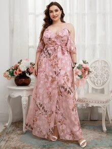 SHEIN Belle Plus Chiffon Floral Cold Shoulder Maxi Bridesmaid Dress - Baby Pink - View 6