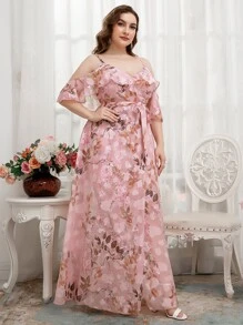 SHEIN Belle Plus Chiffon Floral Cold Shoulder Maxi Bridesmaid Dress - Baby Pink - View 7