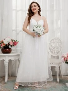 SHEIN Belle Vestido de boda de tirantes con encaje de espalda con cordón con malla - Blanco - Ver 1
