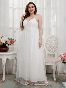 SHEIN Belle Vestido de boda de tirantes con encaje de espalda con cordón con malla - Blanco - Ver 6
