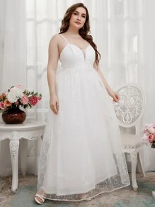 SHEIN Belle Vestido de boda de tirantes con encaje de espalda con cordón con malla - Blanco - Ver 7