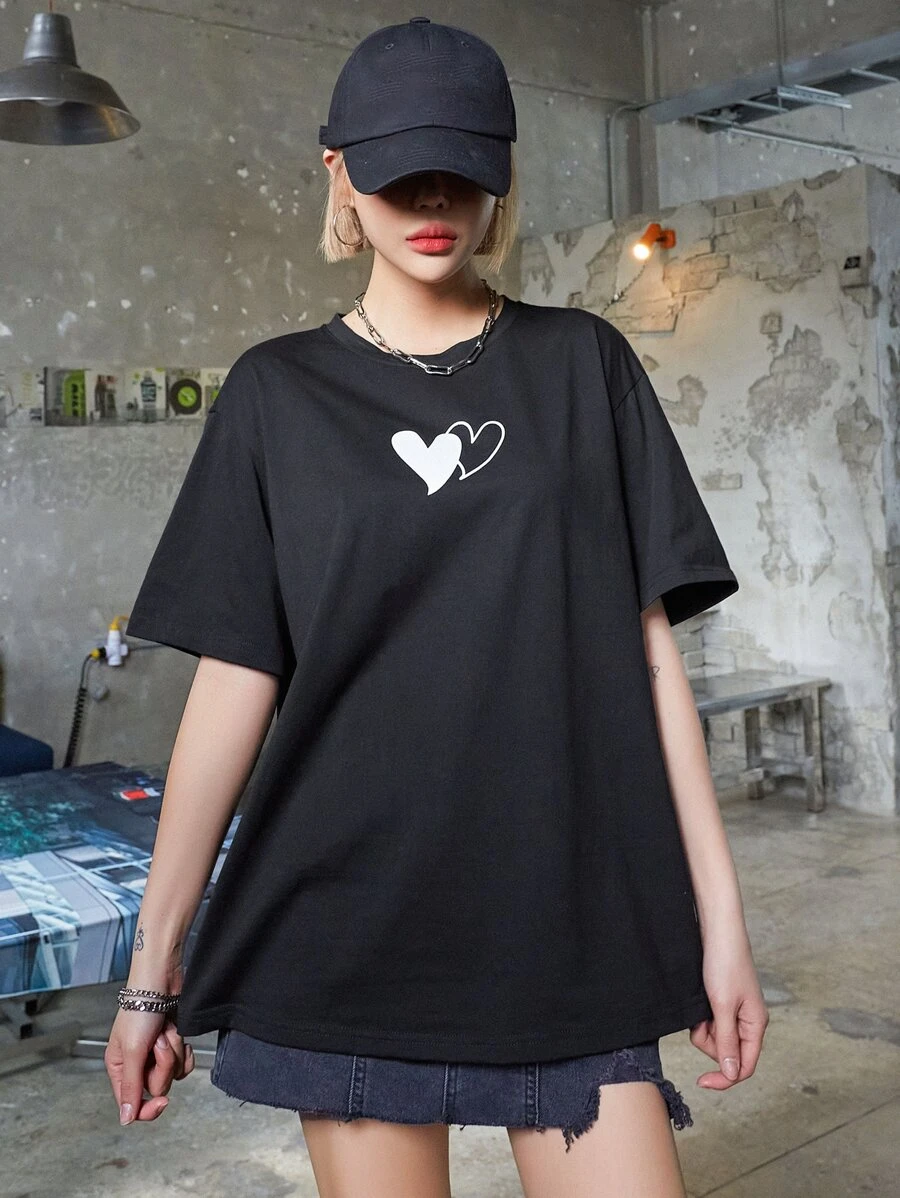 DAZY Camiseta amplia con estampado de corazón - Negro - Ver 1