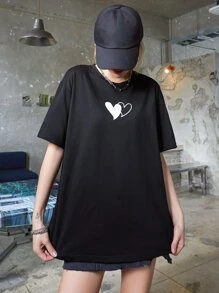 DAZY Camiseta amplia con estampado de corazón - Negro - Ver 7