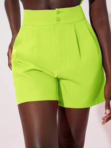 SHEIN Privé Neon Lime High Waist Shorts - Lime Green - View 4