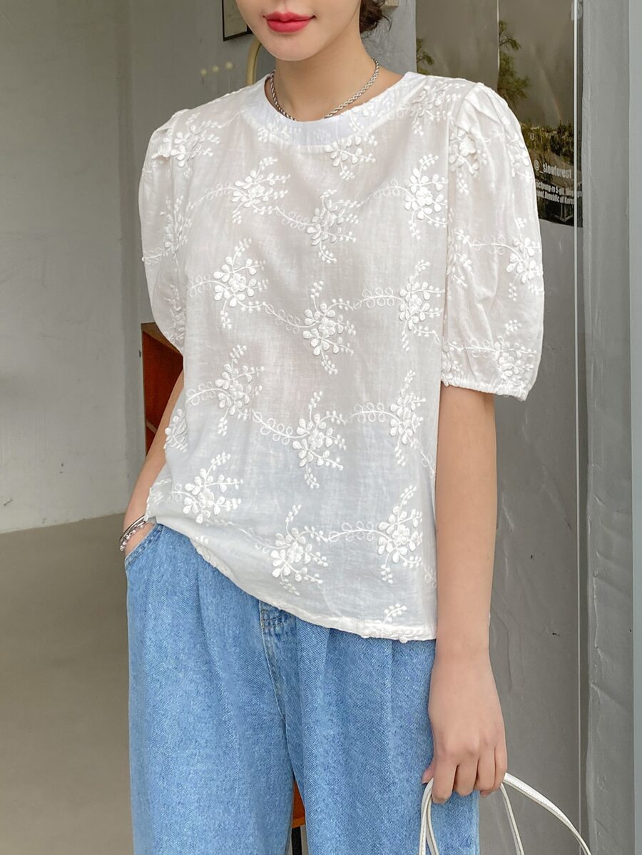 DAZY 植物提花鑲邊鑲邊鑲邊繫帶泡泡袖上衣 - 白色 - 查看 1