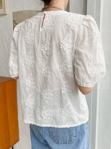 DAZY 植物提花鑲邊鑲邊鑲邊繫帶泡泡袖上衣 - 白色 - 查看 2