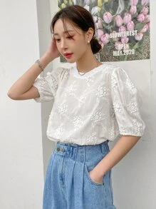 DAZY 植物提花鑲邊鑲邊鑲邊繫帶泡泡袖上衣 - 白色 - 查看 3