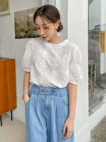 DAZY 植物提花鑲邊鑲邊鑲邊繫帶泡泡袖上衣 - 白色 - 查看 5