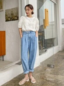 DAZY 植物提花鑲邊鑲邊鑲邊繫帶泡泡袖上衣 - 白色 - 查看 6