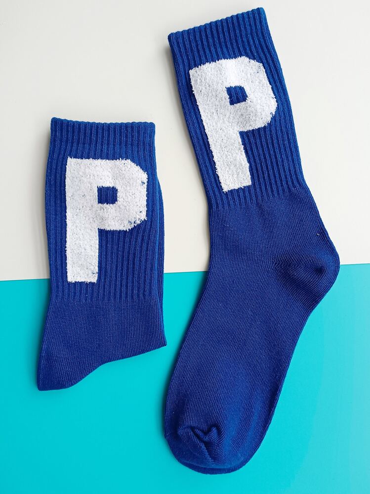 Men Letter Graphic Crew Socks - Royal Blue - View 2