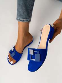 優雅戶外平底拖鞋適用於女士幾何樣式水鑽裝飾仿麂皮露趾涼拖 - 藍色 - 查看 1