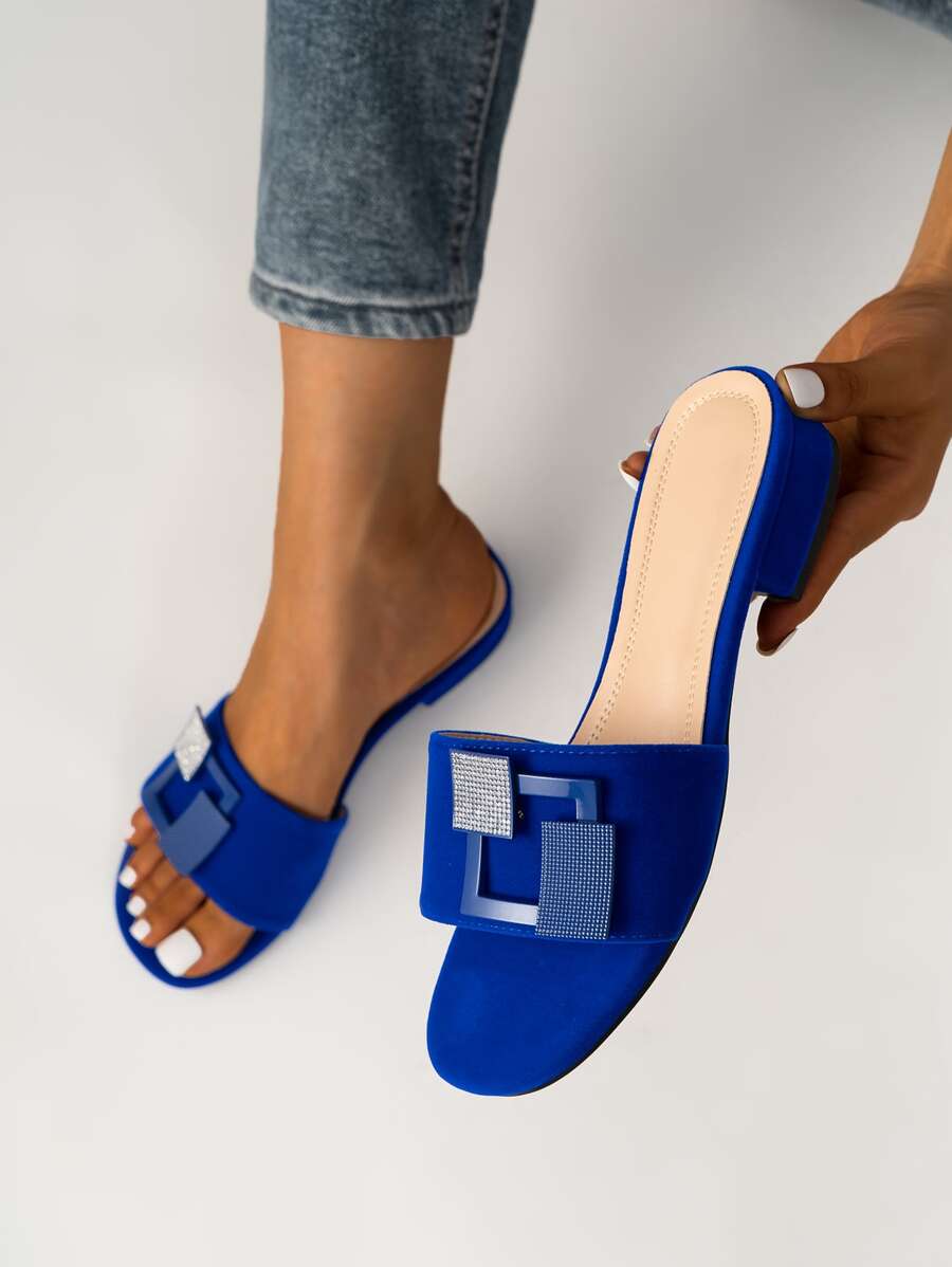 優雅戶外平底拖鞋適用於女士幾何樣式水鑽裝飾仿麂皮露趾涼拖 - 藍色 - 查看 1