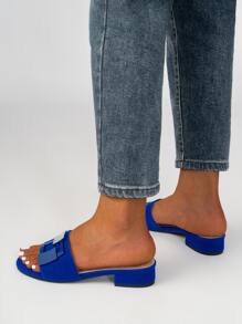 優雅戶外平底拖鞋適用於女士幾何樣式水鑽裝飾仿麂皮露趾涼拖 - 藍色 - 查看 5