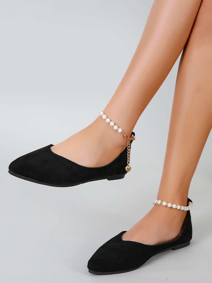 Faux Pearl Beaded Point Toe Ballet Flats - Black - View 1