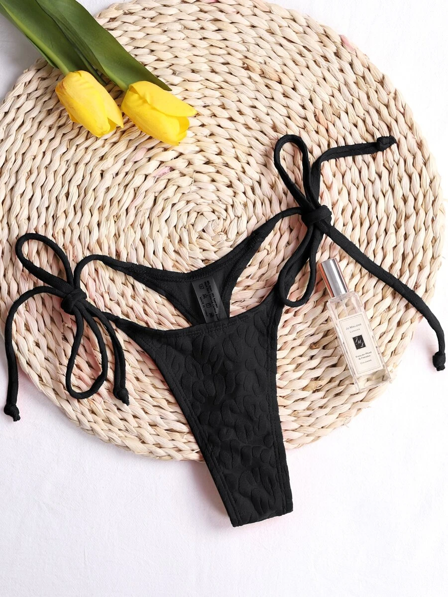 Swim Vcay Summer Beach Leopard Jacquard Knot Side Thong Bikini Bottom - Black - View 1
