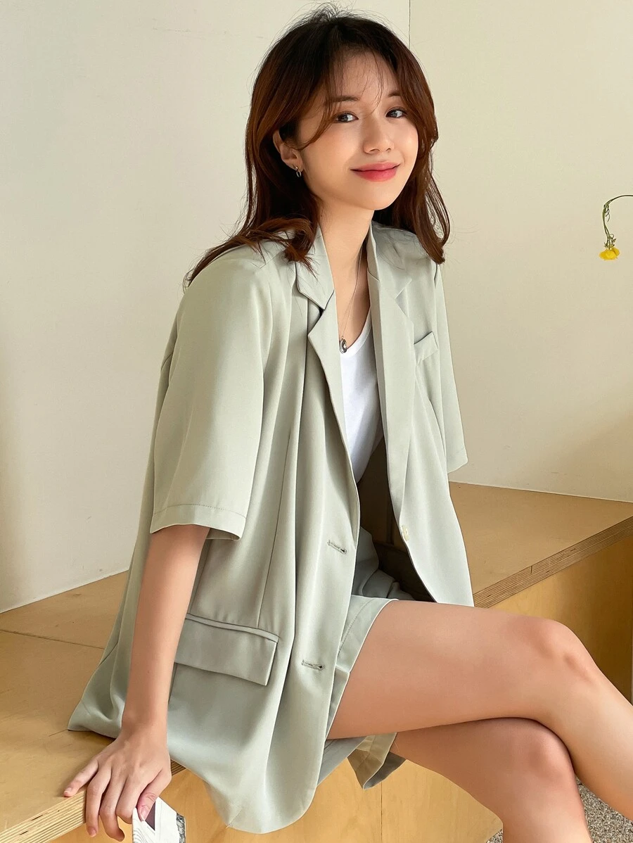 DAZY Flap Detail Blazer & Shorts - Mint Green - View 1