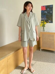 DAZY Flap Detail Blazer & Shorts - Mint Green - View 3