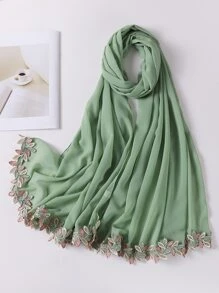 1件刺绣叶子蕾丝边饰端庄透气雪纺围巾头巾，春夏款 - 薄荷綠 - 查看 2