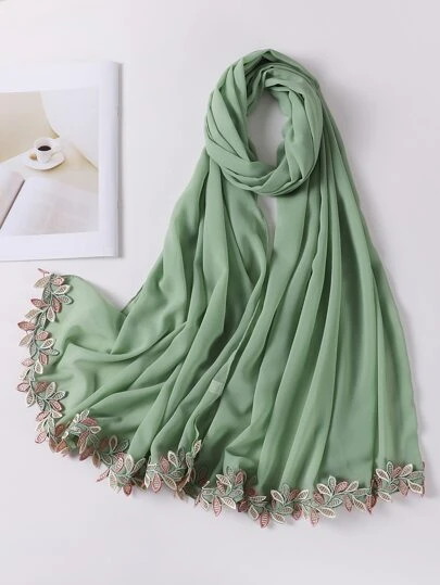 1pc Embroidered Leaf Lace Trim, Colorful Metallic Leaf Edge, Modest Breathable Chiffon Scarf Hijab, Spring/Summer
