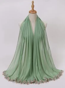 1件刺绣叶子蕾丝边饰端庄透气雪纺围巾头巾，春夏款 - 薄荷綠 - 查看 3