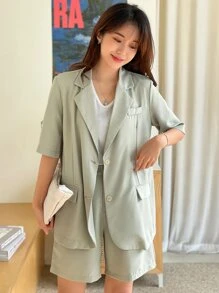 DAZY Flap Detail Blazer & Shorts - Mint Green - View 7