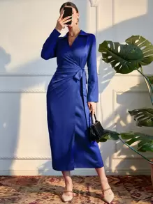 Modelyn Solid Wrap Tie Side Dress - Royal Blue - View 1