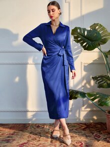 Modelyn Solid Wrap Tie Side Dress - Royal Blue - View 5