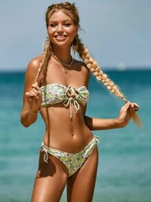 Floral Drawstring Bandeau Bikini - Multicolor - View 7