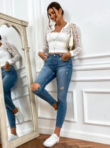 Chiquease Zip Up Sheer Lace Crop Bomber Jacket - White - View 5