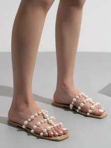 Faux Pearl Decor Clear Strap Slide Sandals - Green - View 1