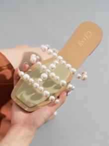 Faux Pearl Decor Clear Strap Slide Sandals - Green - View 2
