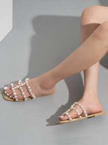 Faux Pearl Decor Clear Strap Slide Sandals - Green - View 3